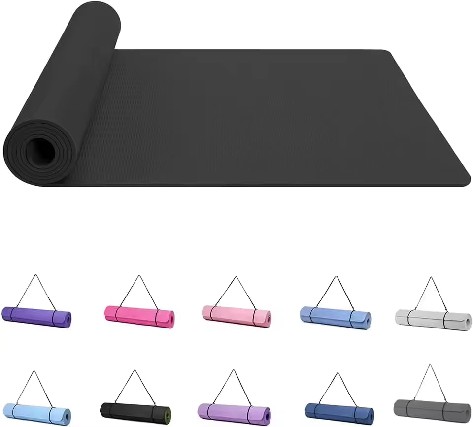 Yoga Mat 6mm Non-Slip – 183 × 61 cm with Carry Strap (Black)